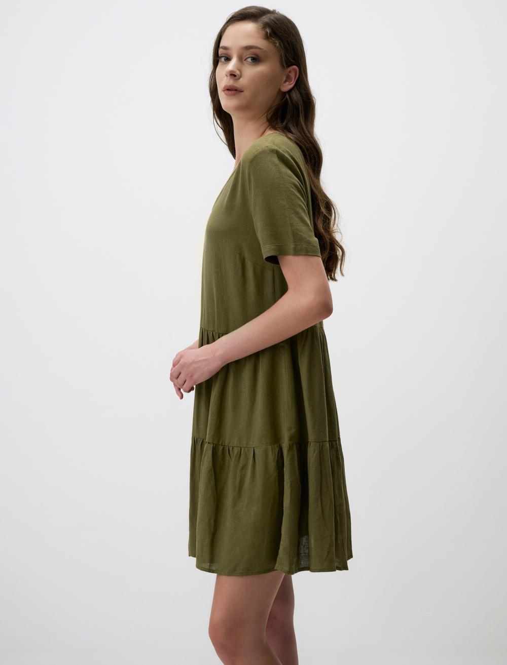 Loose Cut Short Sleeve V-Neck Linen Mini Dress