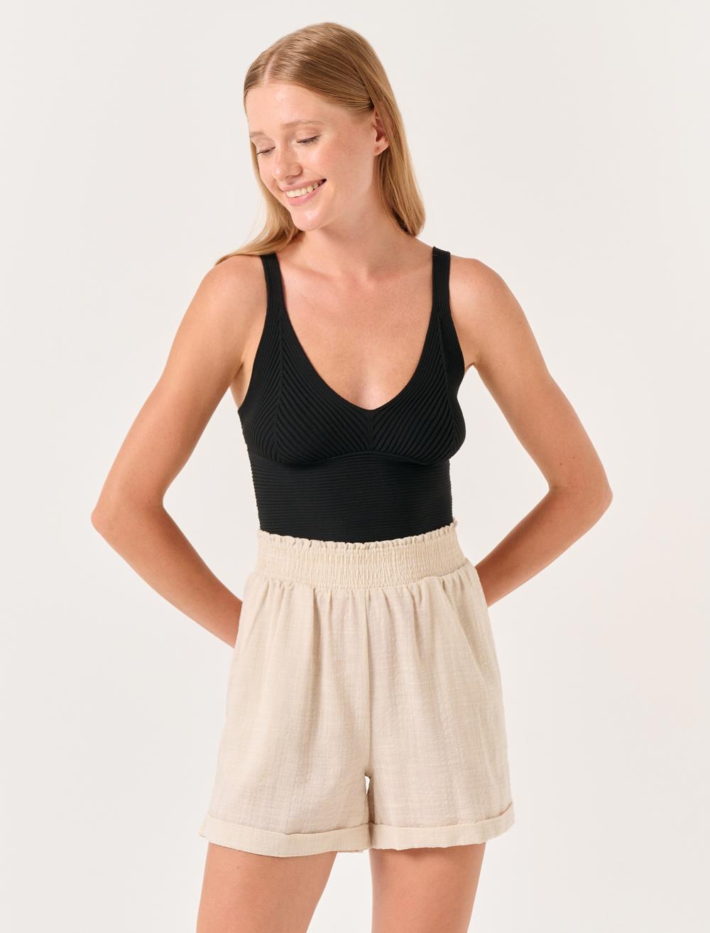 Loose Fit High Waist Woven Shorts - Stone