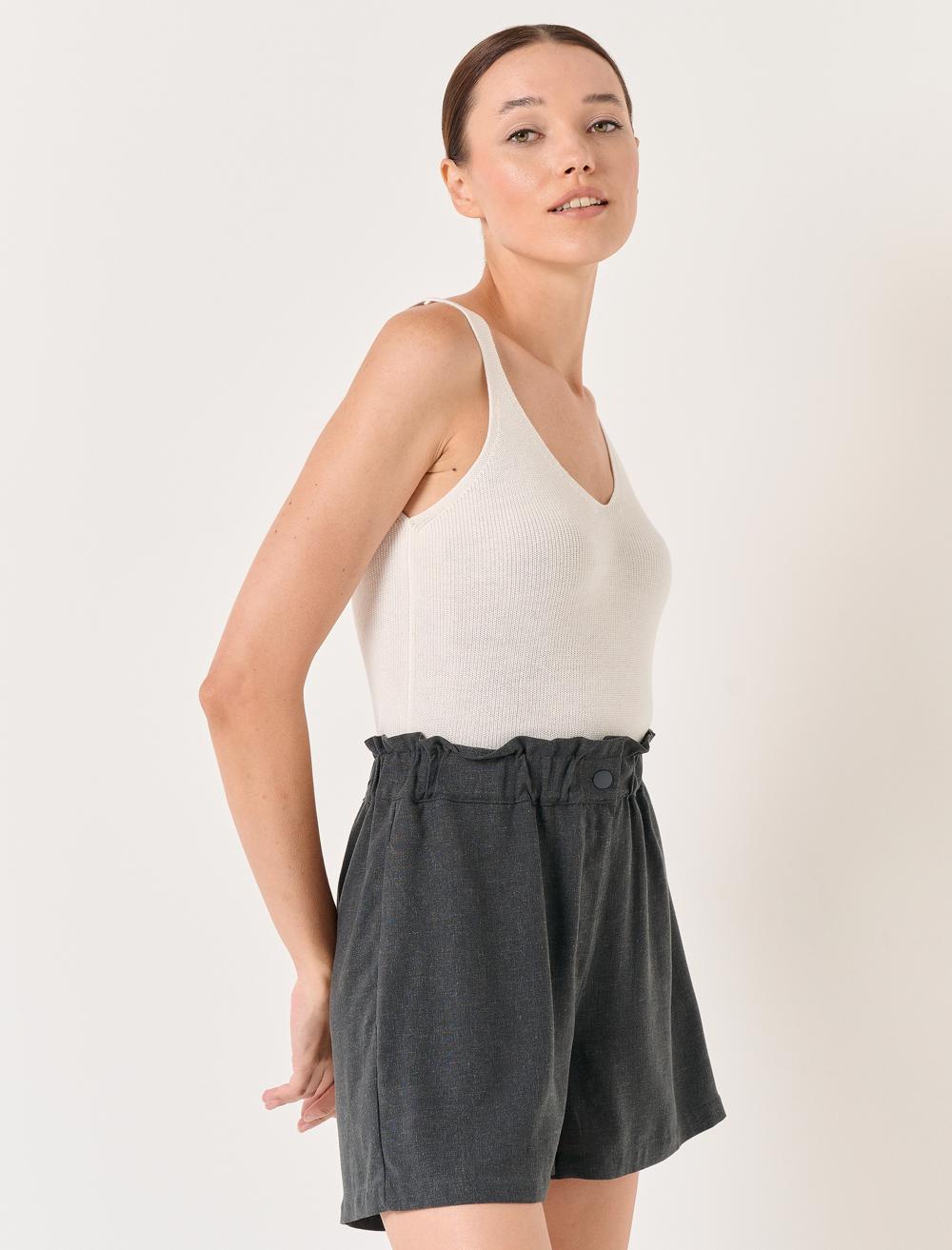 Loose Fit High Waist Linen Shorts - 23SS020070