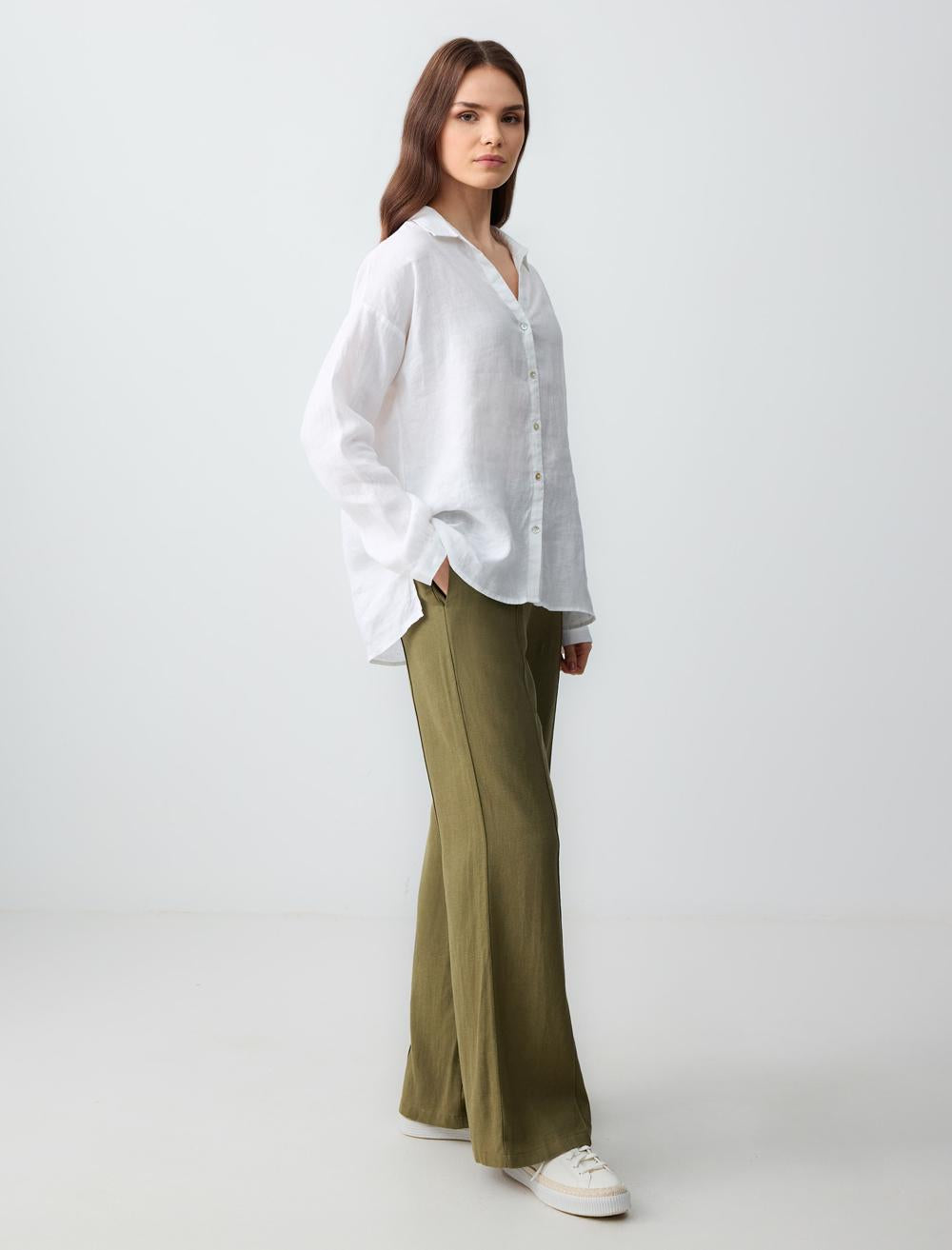 Wide Leg High Waist Linen Trousers - Khaki - 24SP011018312