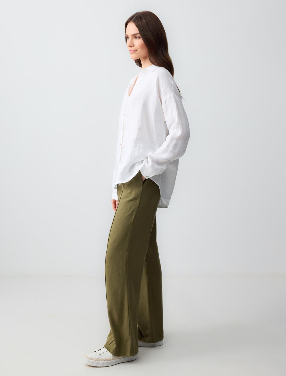Wide Leg High Waist Linen Trousers - Khaki - 24SP011018312