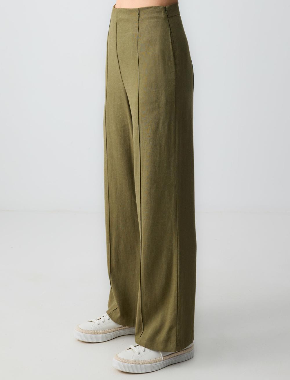 Wide Leg High Waist Linen Trousers - Khaki - 24SP011018312