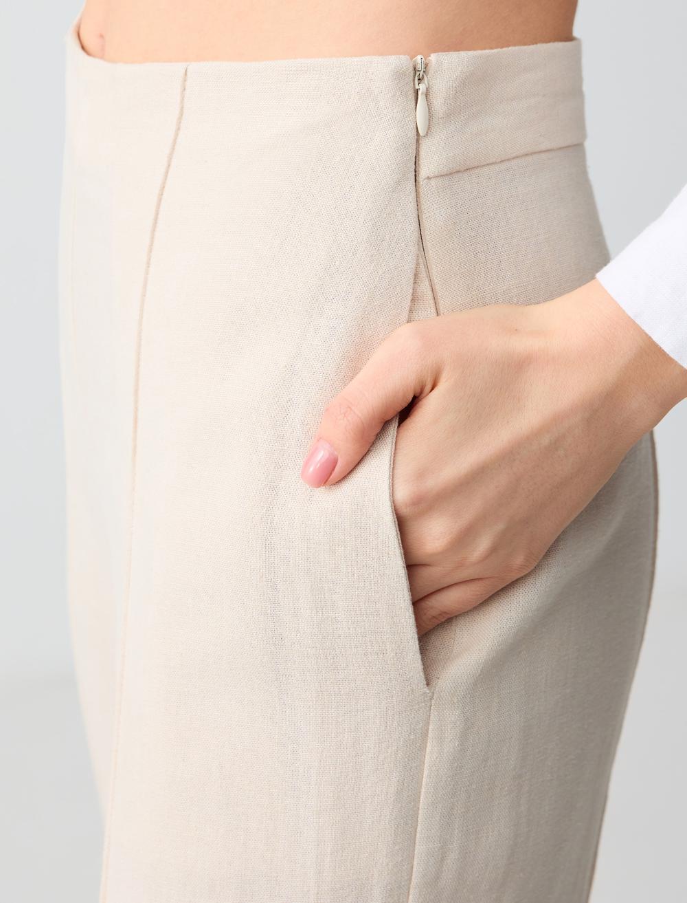Wide Leg High Waist Linen Trousers - Stone Coloured