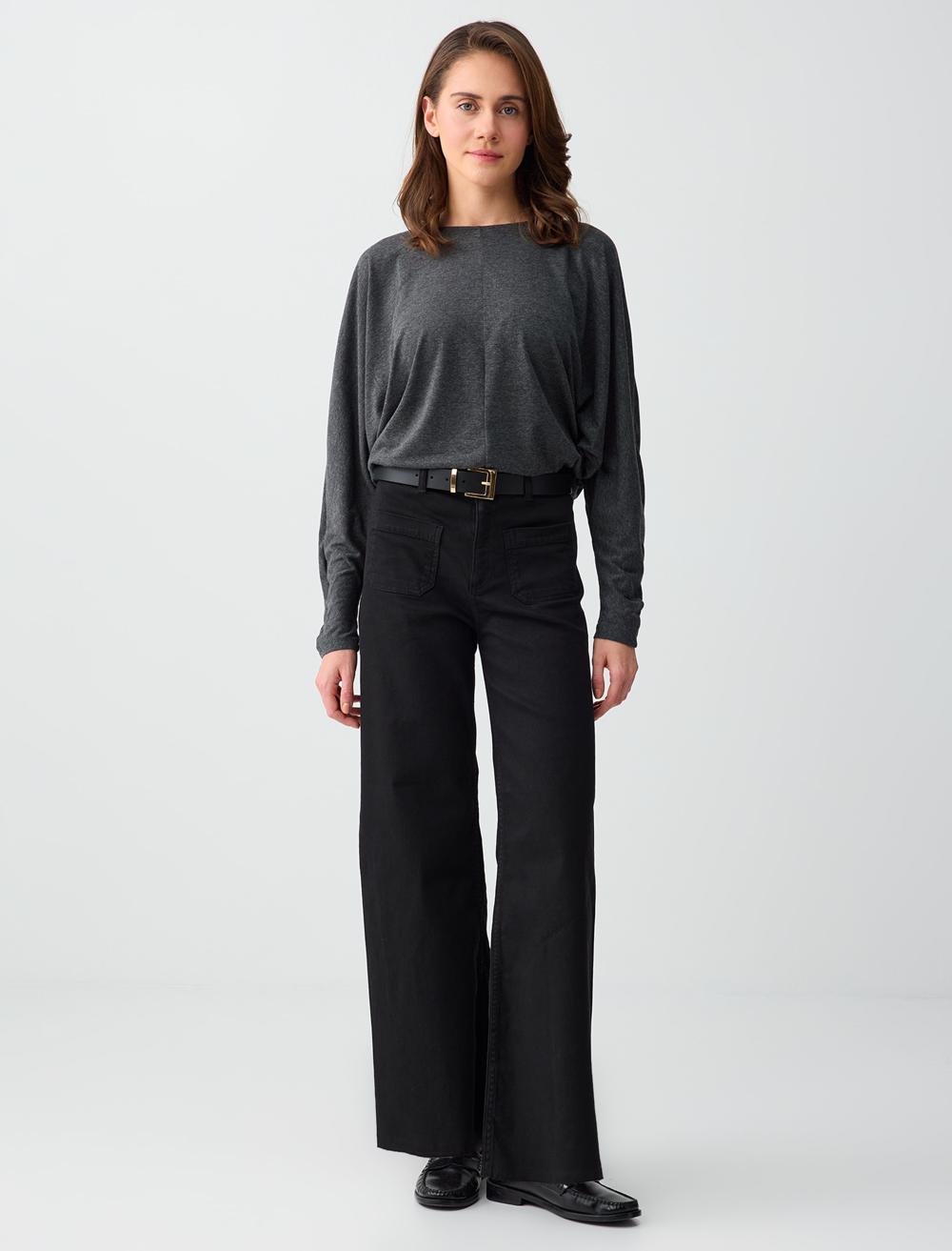 High Waist Relaxed Fit Denim Pants - Black