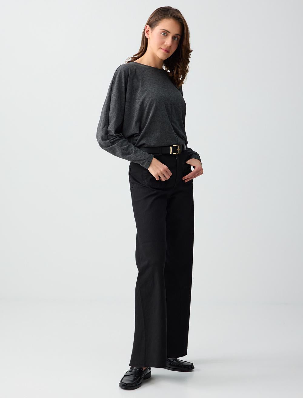 High Waist Relaxed Fit Denim Pants - Black