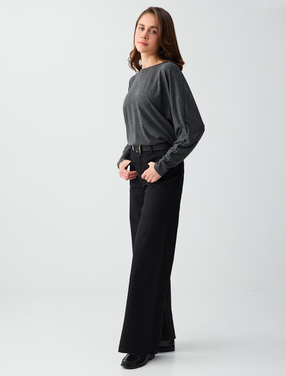 High Waist Relaxed Fit Denim Pants - Black