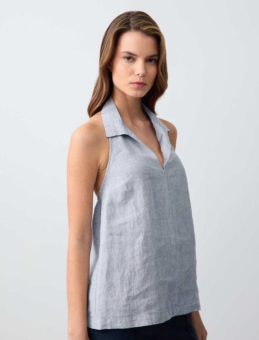 Linen Blouse Tied at the Neck - Blue Melange