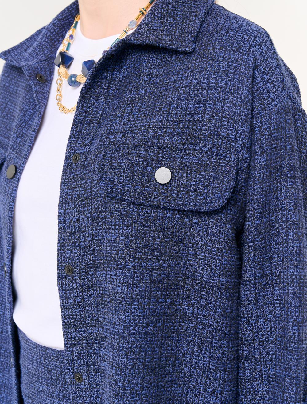 Long Sleeved Tweed Shirt Jacket - Dark Blue - 23WZ012001494