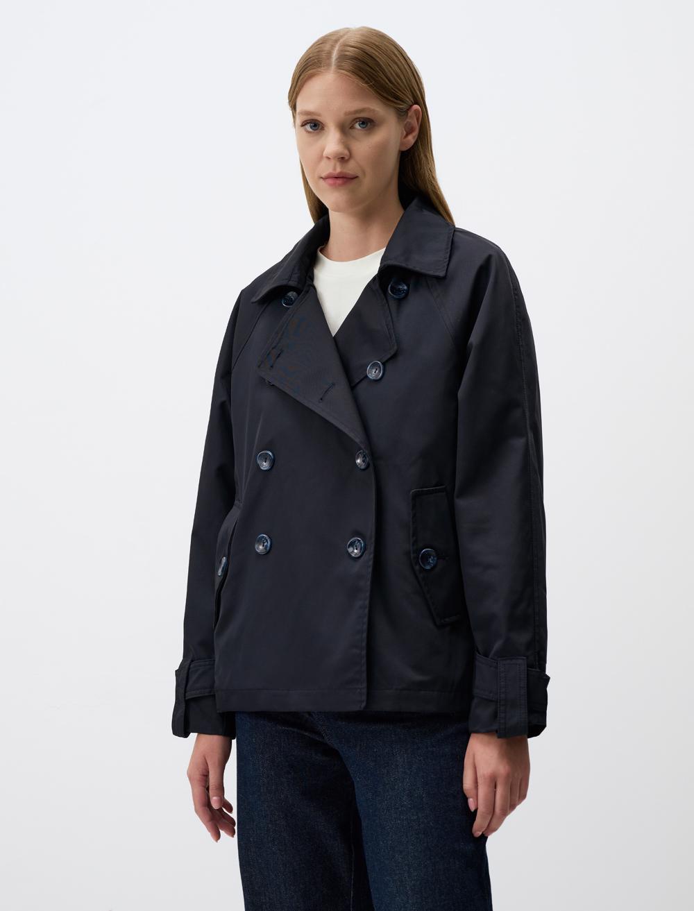 Jacket Collar Short Trench Coat - Dark Blue - 24WU150002494