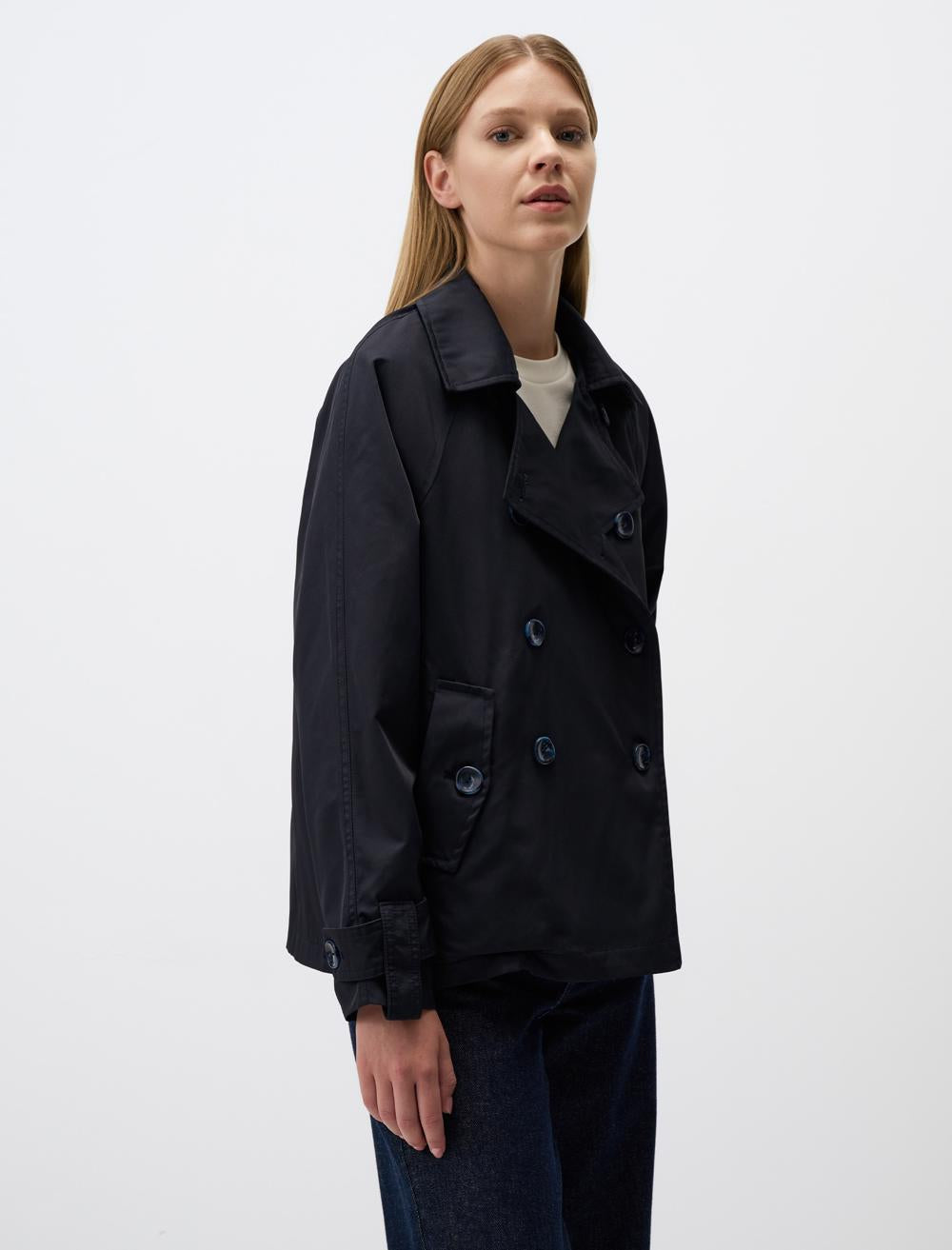 Jacket Collar Short Trench Coat - Dark Blue