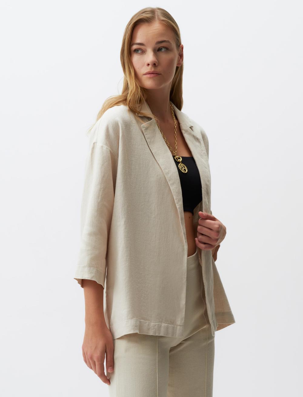 Straight Cut Long Sleeve Linen Jacket - Stone Coloured