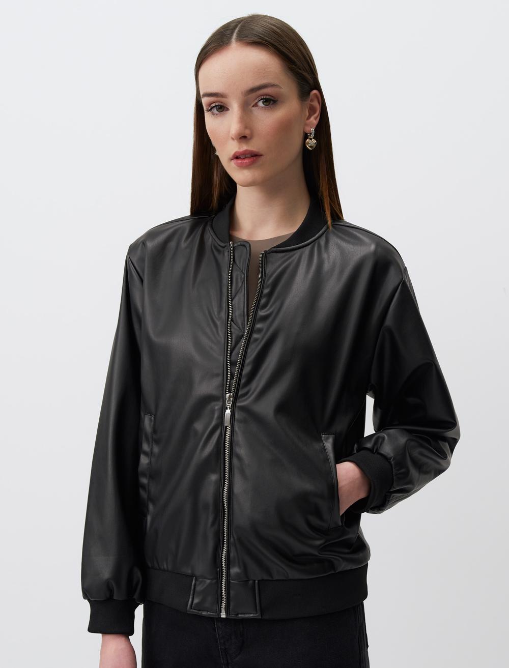 Long Sleeve Leather Bomber Jacket - 24SC150011