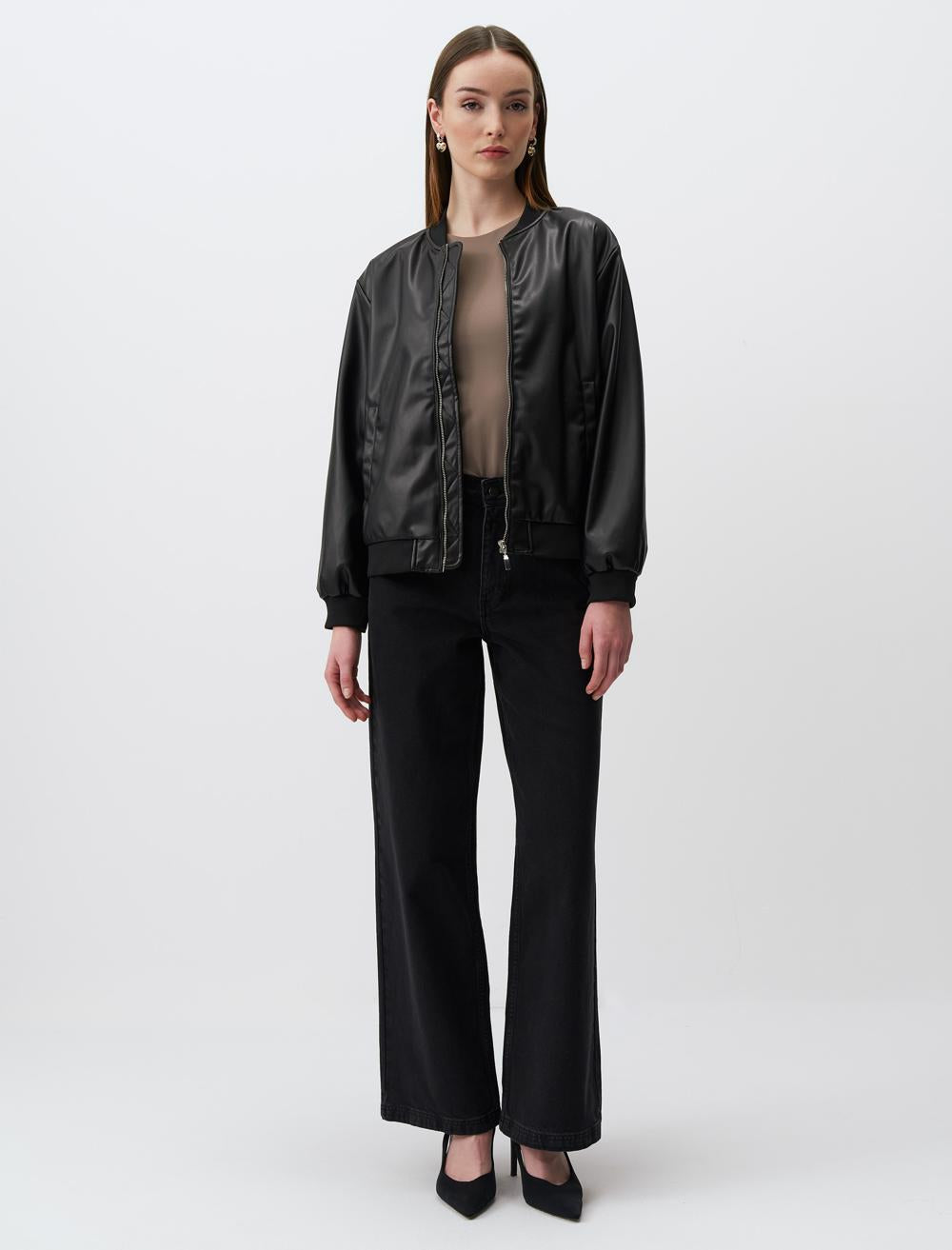 Long Sleeve Leather Bomber Jacket - Black - 24SC150011900