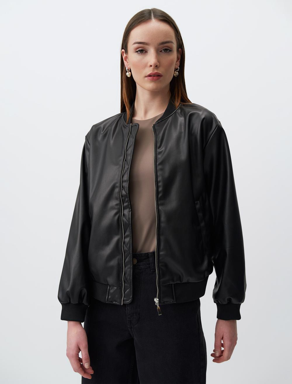 Long Sleeve Leather Bomber Jacket - Black - 24SC150011900