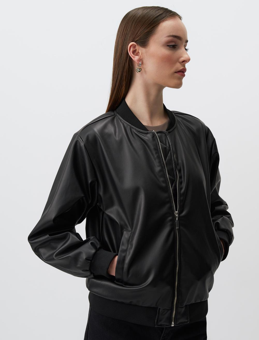 Long Sleeve Leather Bomber Jacket - Black - 24SC150011900