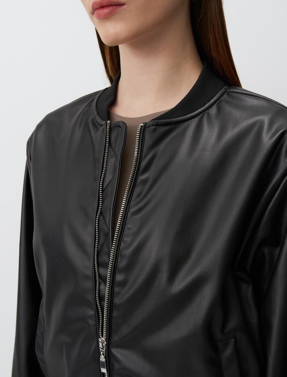 Long Sleeve Leather Bomber Jacket - 24SC150011