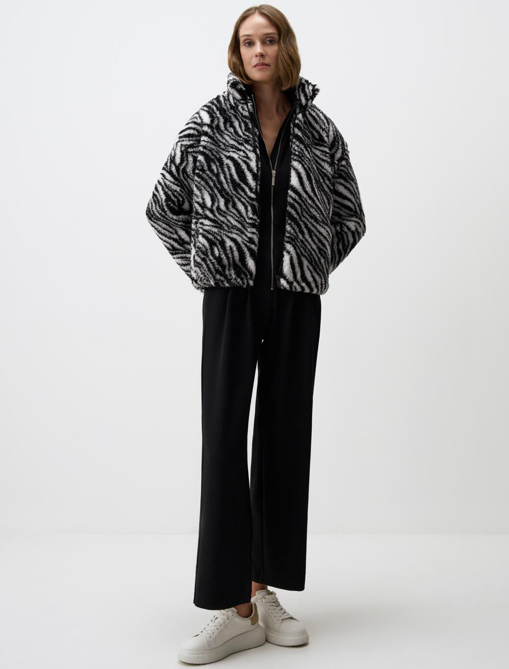 Zebra Print High Collar Long-Sleeve Jacket - Black White - 4WW101288999