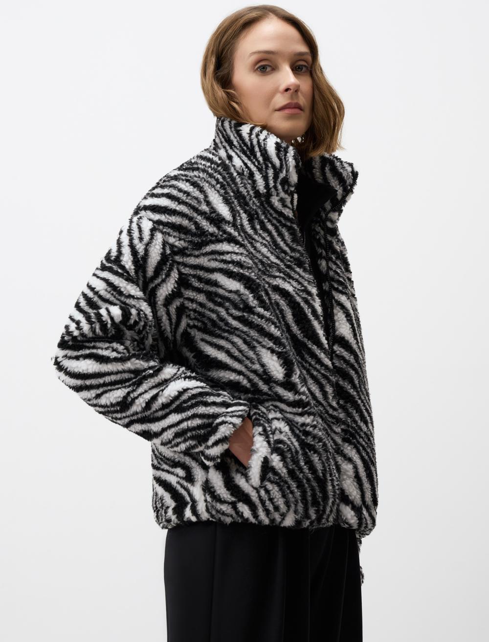 Zebra Print High Collar Long-Sleeve Jacket - Black White - 4WW101288999
