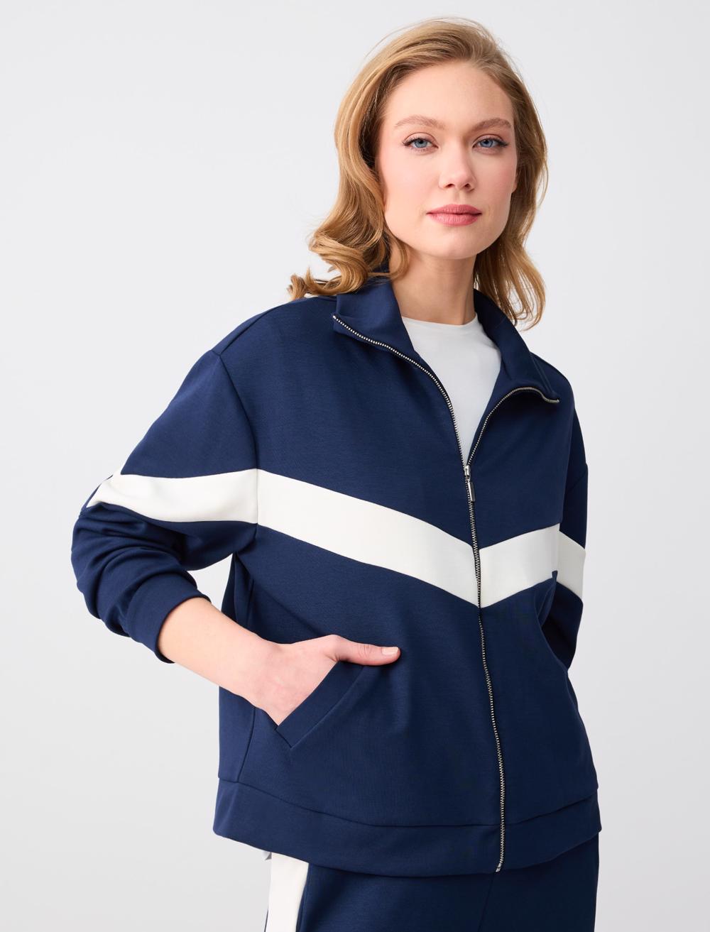Relaxed Fit Zip-Up Track Jacket - Dark Blue