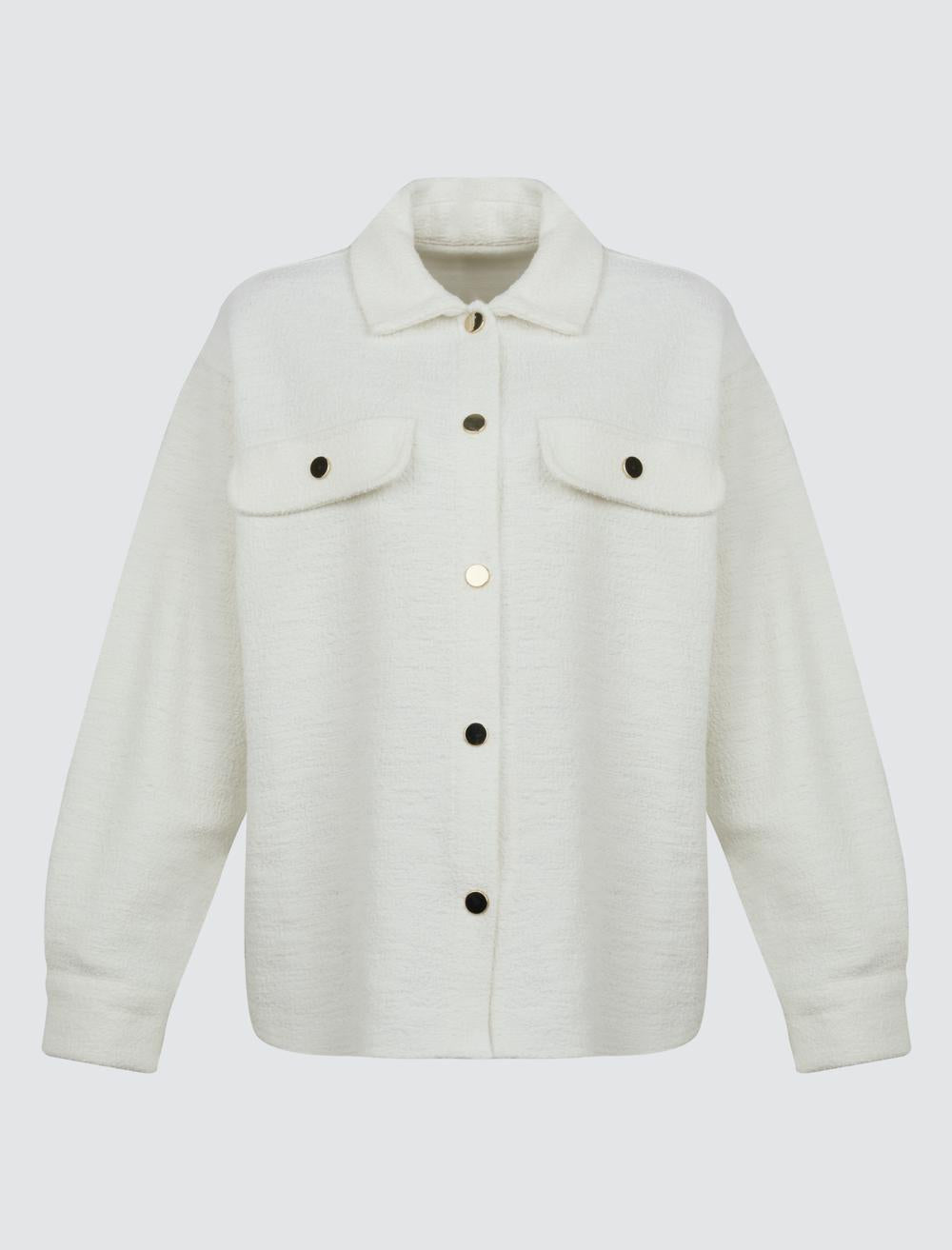 Knitted Long Shirt Jacket with Snap Detail
