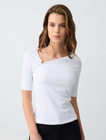 Slim Fit Asymmetric Collar Short Sleeve Knitted Blouse
