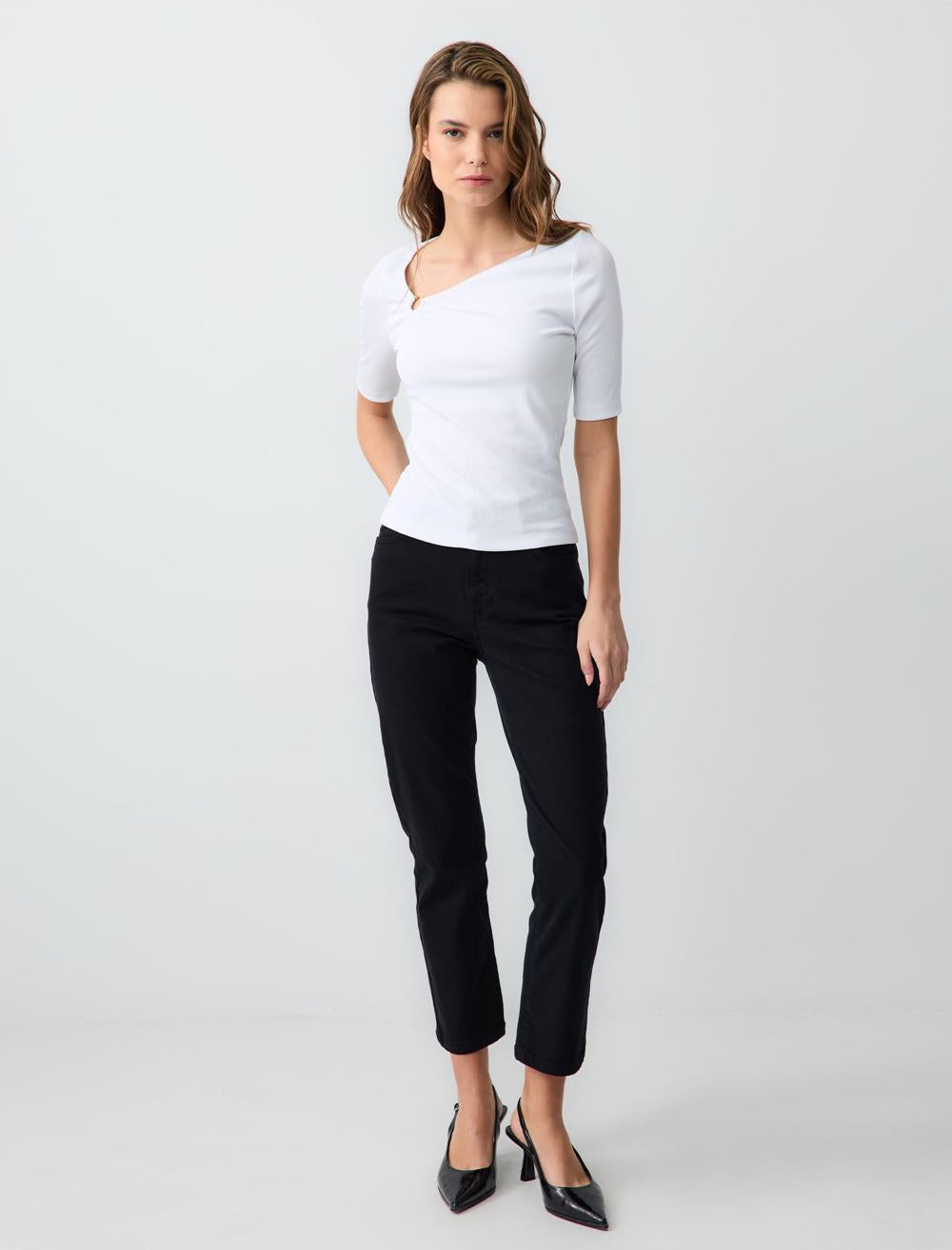 Slim Fit Asymmetric Collar Short Sleeve Knitted Blouse