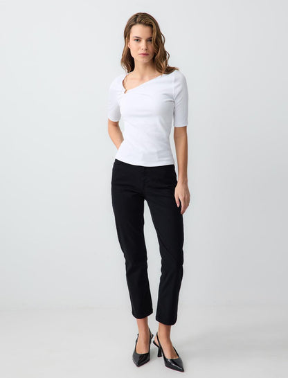 Slim Fit Asymmetric Collar Short Sleeve Knitted Blouse