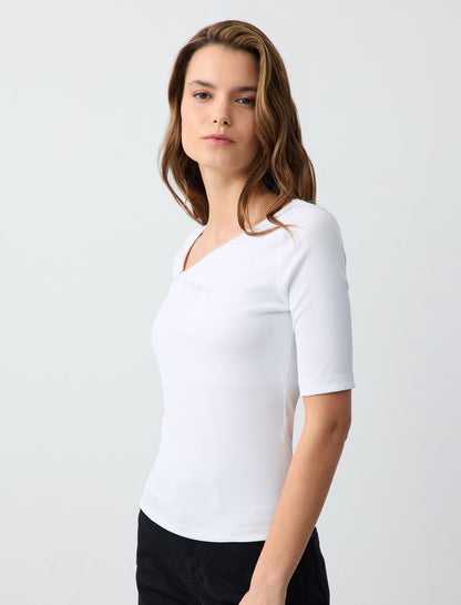 Slim Fit Asymmetric Collar Short Sleeve Knitted Blouse
