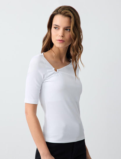 Slim Fit Asymmetric Collar Short Sleeve Knitted Blouse