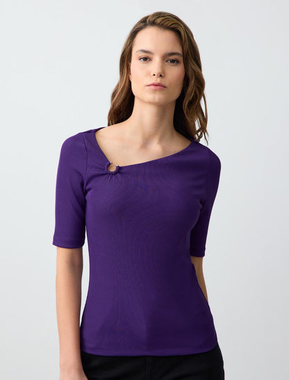 Slim Fit Asymmetric Collar Short Sleeve Knitted Blouse