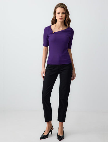 Slim Fit Asymmetric Collar Short Sleeve Knitted Blouse