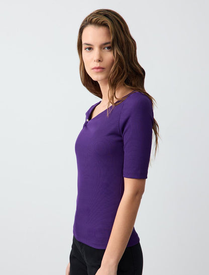Slim Fit Asymmetric Collar Short Sleeve Knitted Blouse