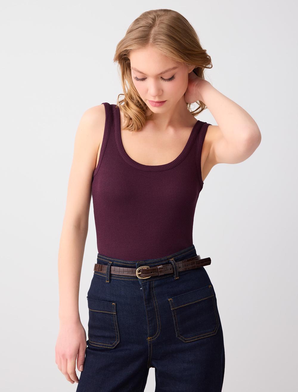 Slim Fit Scoop Neck Modal Knit Singlet - Burgundy - 6SW015200562