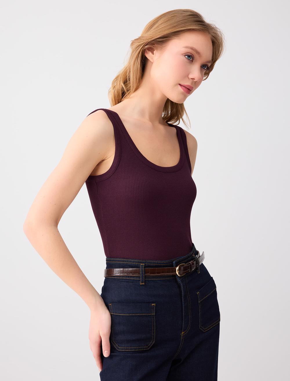 Slim Fit Scoop Neck Modal Knit Singlet - Burgundy - 6SW015200562