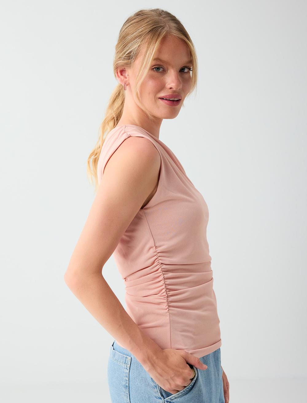 Slim Fit Cowl Neck Sleeveless Blouse - Light Pink - 6SW037570609