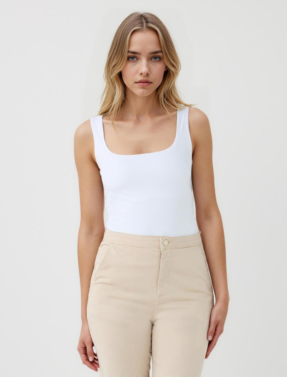 Slim Fit Square Neck Spaghetti Straps-Sleeve Blouse - 5SW034543
