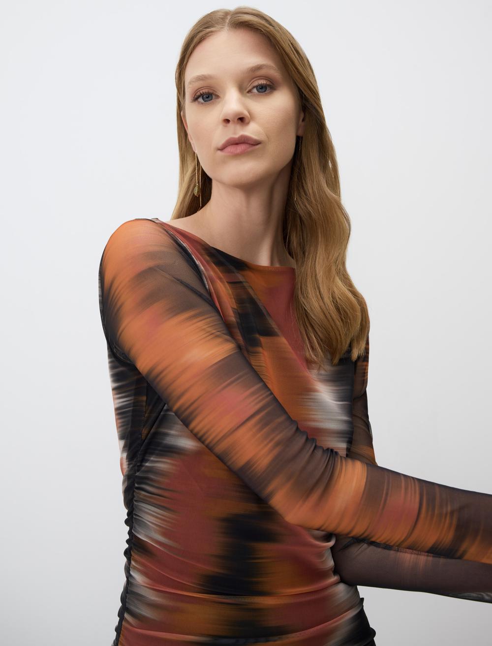 Slim Fitted Boat Neck Patterned Knitted Mesh Dress