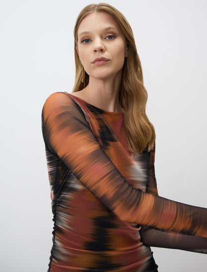 Slim Fitted Boat Neck Patterned Knitted Mesh Dress