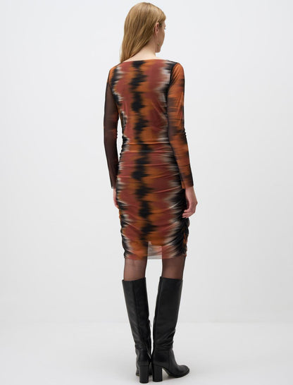 Slim Fitted Boat Neck Patterned Knitted Mesh Dress