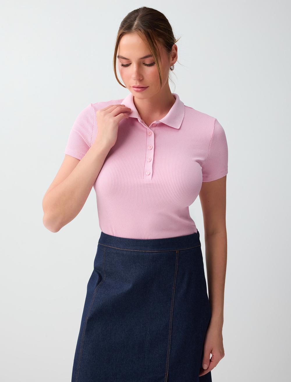 Slim Fit Shirt Collar Short Sleeve T-shirt - Pink - 6SW276795610