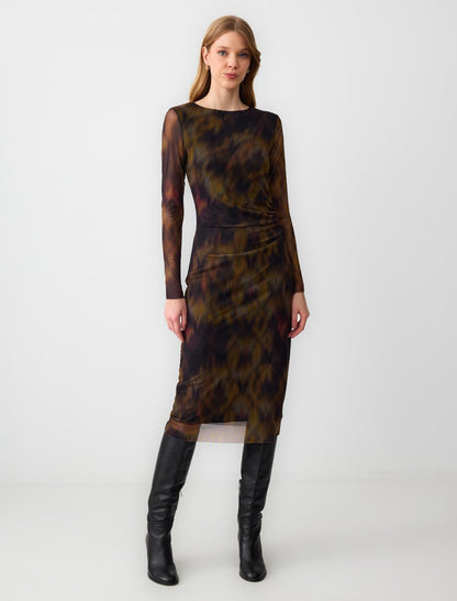 Slim Fit Leopard Print Mesh Knitted Midi Dress