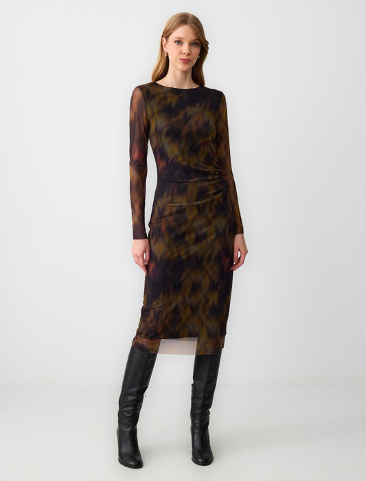 Slim Fit Leopard Print Mesh Knitted Midi Dress