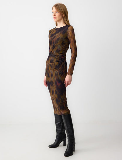 Slim Fit Leopard Print Mesh Knitted Midi Dress