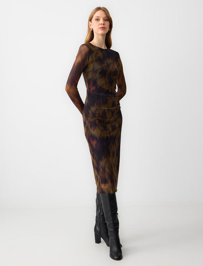 Slim Fit Leopard Print Mesh Knitted Midi Dress