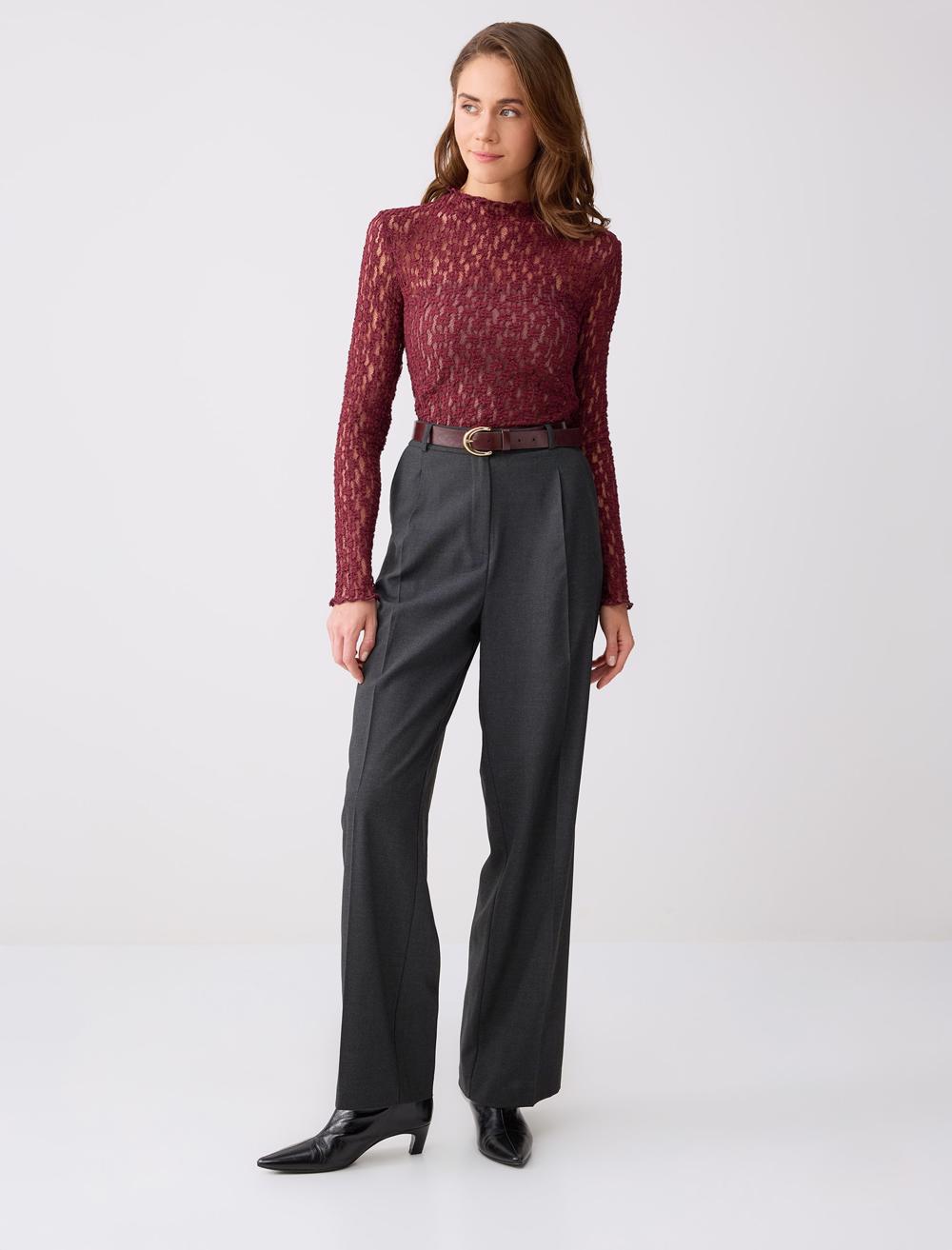 Burgundy Lace Long Sleeve Trim Knit Blouse - Bitter Brown - 6SW035449820