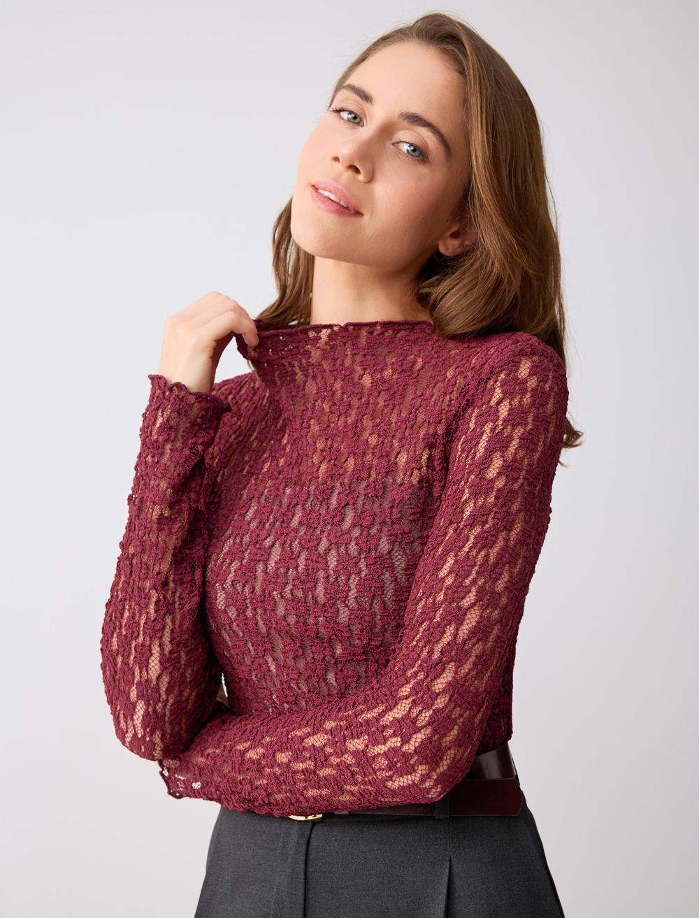 Burgundy Lace Long Sleeve Trim Knit Blouse - Bitter Brown - 6SW035449820