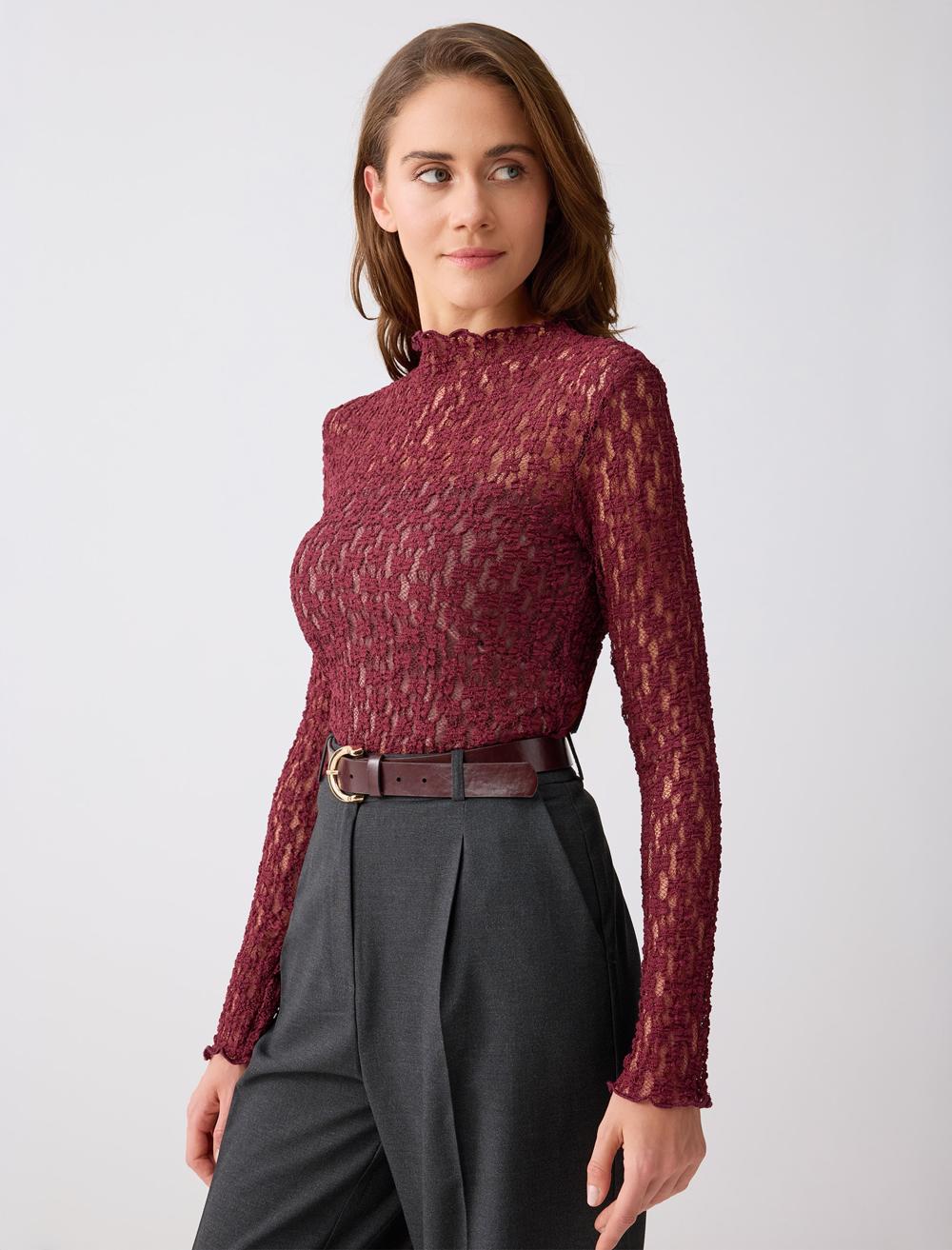 Burgundy Lace Long Sleeve Trim Knit Blouse - Bitter Brown - 6SW035449820