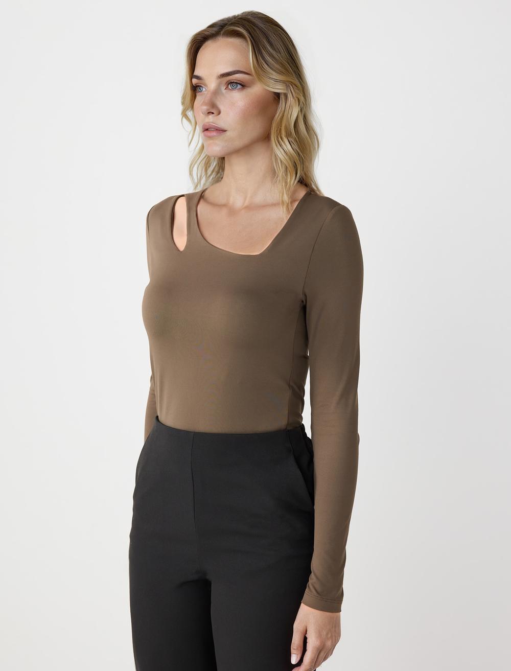 Slim Fit Long-Sleeve Blouse - Bronze Khaki - 5WW035637154