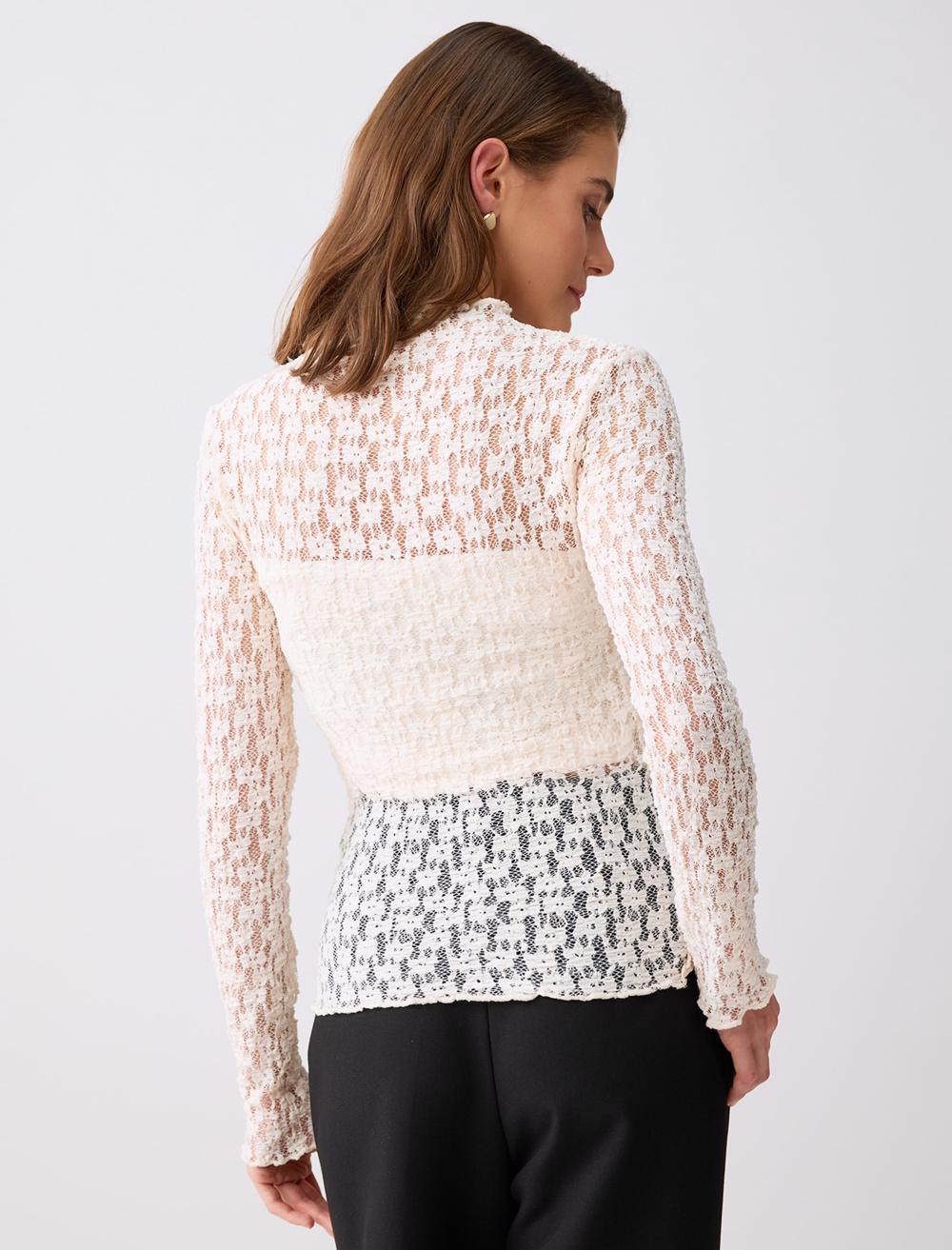 Slim Fit Long Sleeve Lace Trim Knit Blouse - 5WW035748