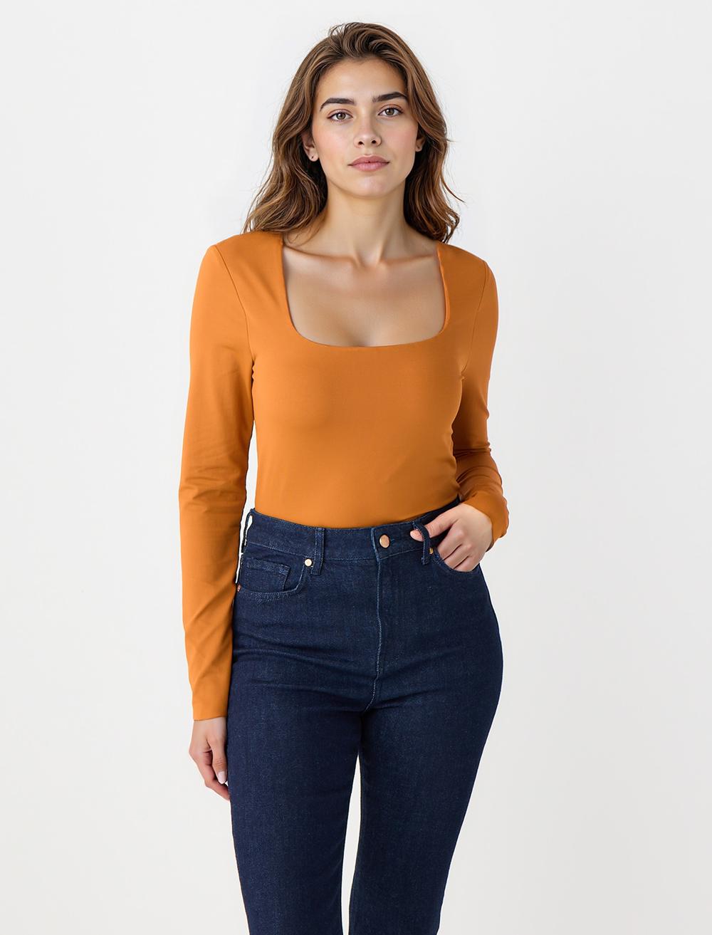 Slim Fit Square Neck Long-Sleeve Blouse - 5WW036085